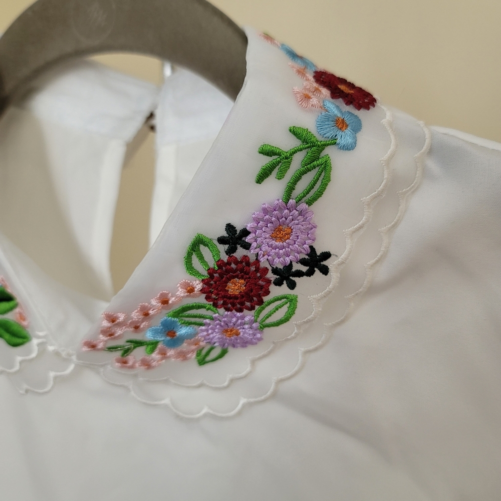 Floral Embroidered Detachable Collar Dickey White Scalloped Layering Piece - Picture 2 of 7